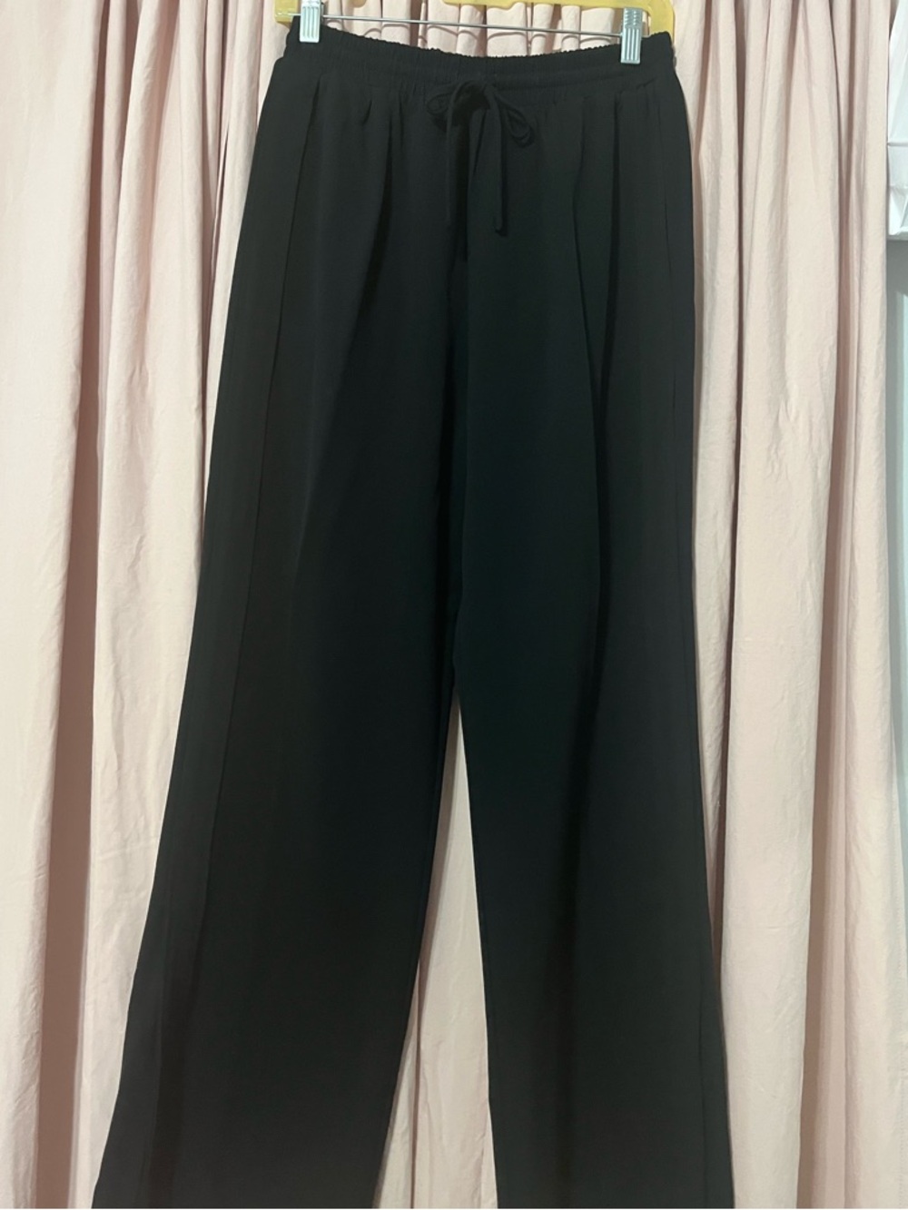 Tuxedo Style Black Wide-Leg Drawstring Pants with Split Hem